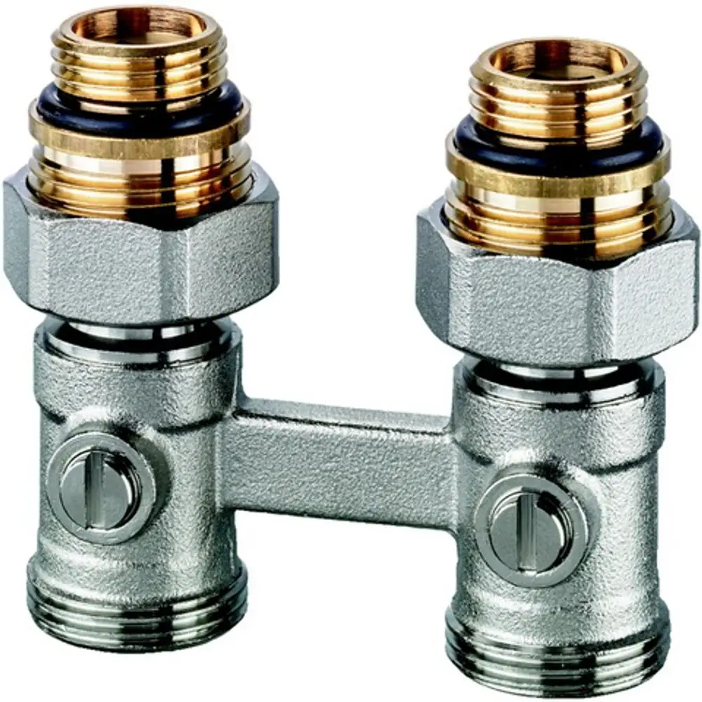 Metallene Verschraubung mit zwei Anschlüssen, geeignet für Verbindung in Heizungsanlagen. Hergestellt von IMI Hydronic Engineering, mit O-Ringen zur Sicherstellung der Dichtheit.